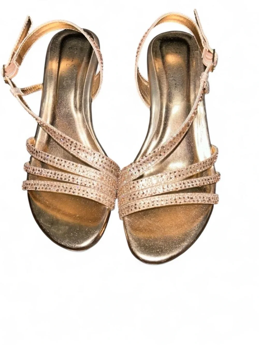 Women's Gold Rhinestone T-Strap Kitten Heel Sandal